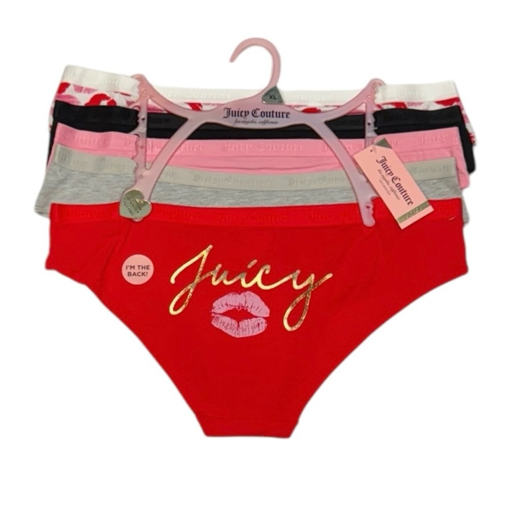 JUICY COUTURE Intimates 5 Pack Tag Free Panties Kisses Love Red Pink NWT XL